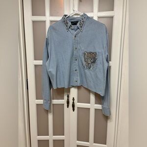 Vintage Bedazzled Tiger Denim Crop Shirt Medium Studded Collar Raw Hem